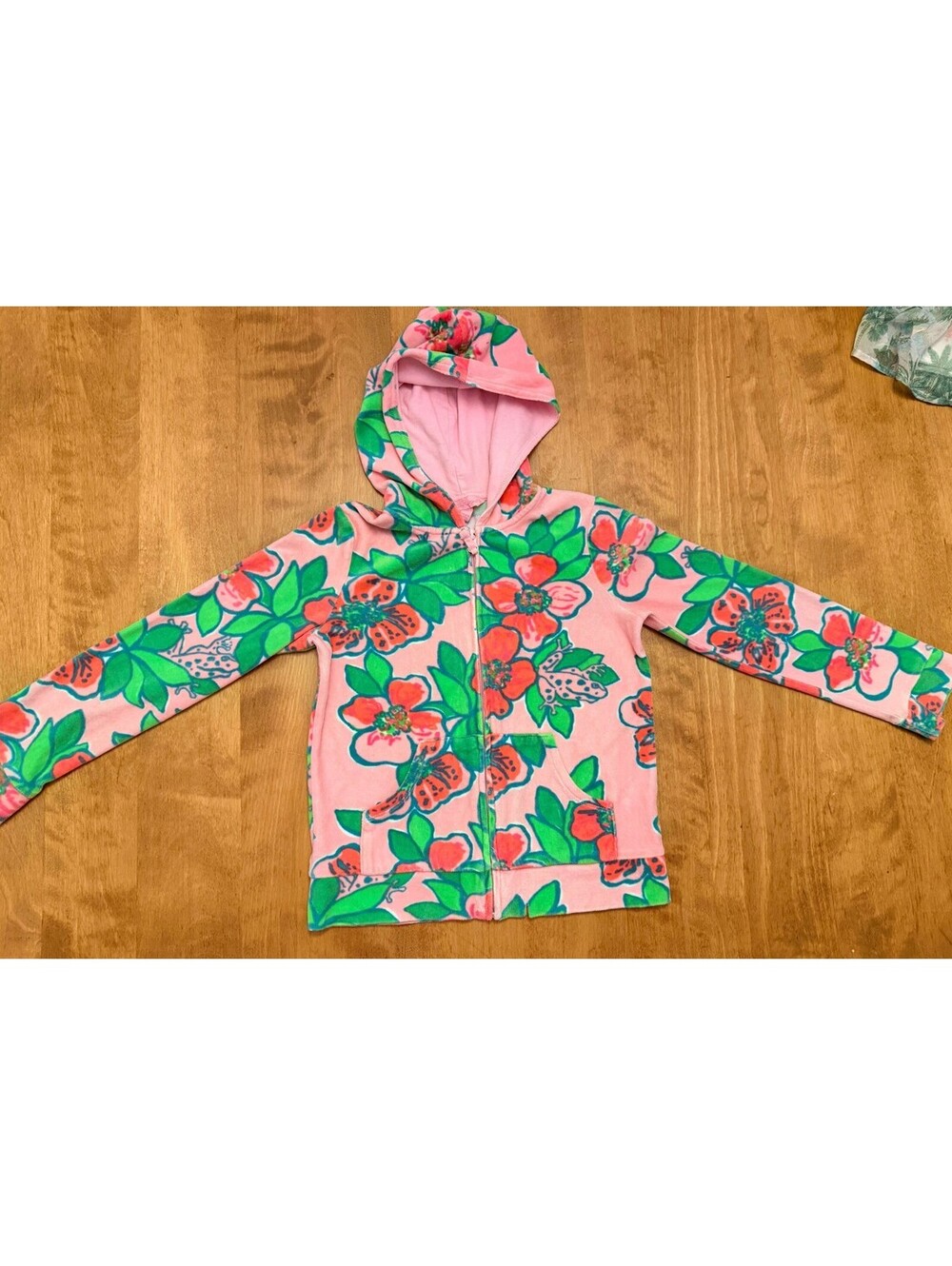 Lilly Pulitzer EUC Girls Terry Cloth /Velour Hoodie pink green floral Size 10
